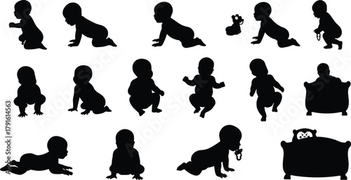 Baby silhouettes in various poses, crawling, sitting, standing, walking, playing, pacifier, toy duck, crib, teddy bear, infant movement, child development, black shapes
