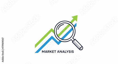 Magnifying glass over rising market graph indicating business analysis and growth strategy.