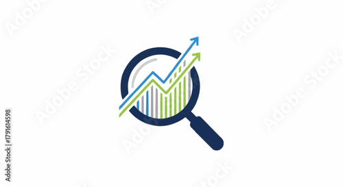 Business data analysis icon with magnifying glass and growth chart.