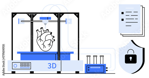 3D printer producing a human heart, next to test tubes, documents, and a security padlock shield. Ideal for medical innovation, healthcare, technology, research, organ printing security data