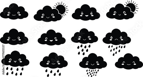 Cartoon black clouds, emotional weather icons, sad happy expressions, rain tears sun, cute storm characters, vector illustration, kids weather clipart, expressive cloud faces