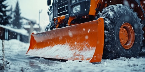 Orange snowplow clearing street in winter