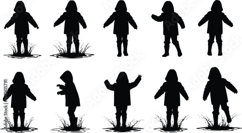 Child silhouette jumping in puddle, playful rainy day moment, water splash motion, hooded coat figure, outdoor fun, energetic pose, wet weather joy, dynamic action