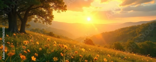 A serene landscape bathed in golden sunlight, evoking feelings of peace and contentment  Perfect for illustrating concepts of well-being, relaxation, and inner joy , self-care, bliss, joy