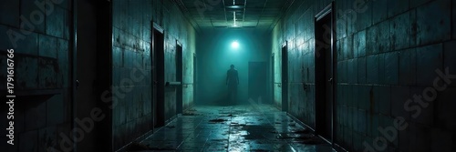 A shadowy figure lurks in a dimly lit, abandoned asylum, its presence felt more than seen; a chilling image perfect for horror movie posters or promotional materials , mysterious, darkness, terror
