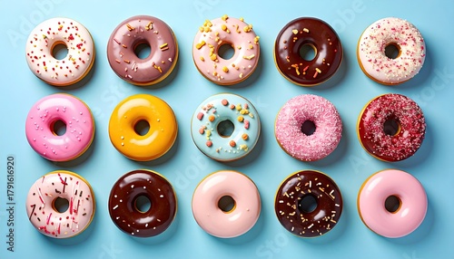 Fifteen colorful donuts line a blue background