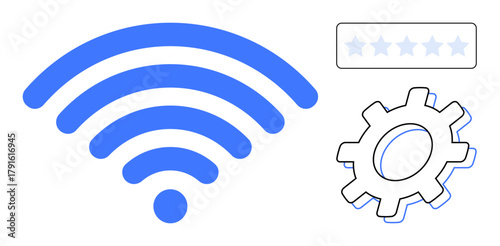 wireless signal icon next to a gear symbolizing settings and improvement, with a five-star rating box. Ideal for technology, connectivity, networking, optimization, settings, reviews, performance