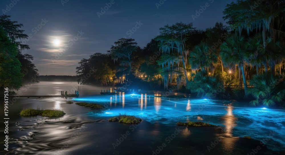 Fototapeta premium Mystical night scene with bioluminescent water, serene river, and moonlit forest ambiance creating
