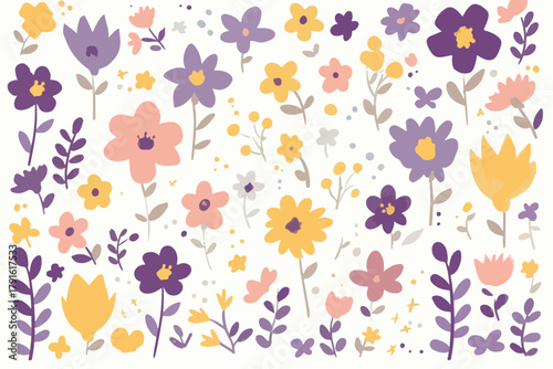 A charming collection of whimsical, hand-drawn floral elements in soft pastel colors, perfect for spring designs.