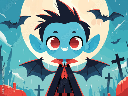Cute cartoon vampire with bats and pumpkins on Halloween night under a full moon.