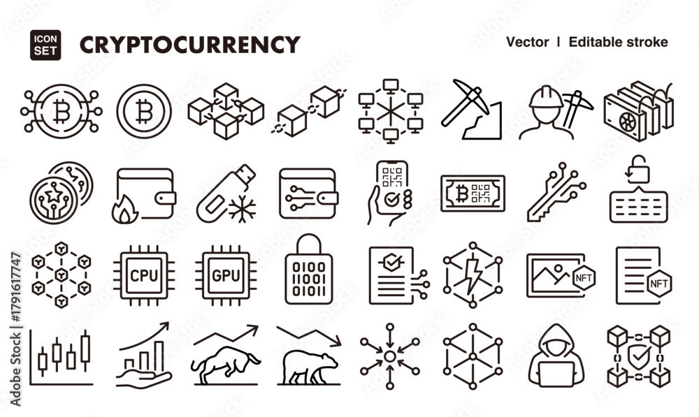 Fototapeta premium Cryptocurrency line icon set. Vector editable stroke icon.