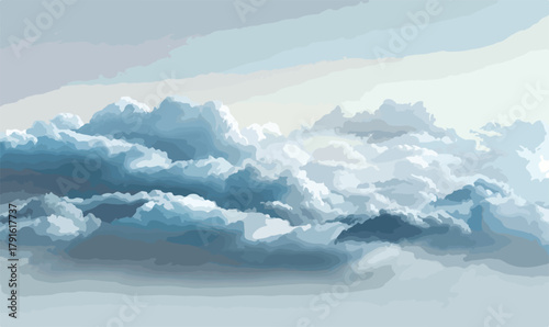 Eine atmosphärische Vektorillustration präsentiert eine dichte Wolkenlandschaft am weiten Himmel, die ein Gefühl von Ruhe und unendlicher Weite vermittelt.