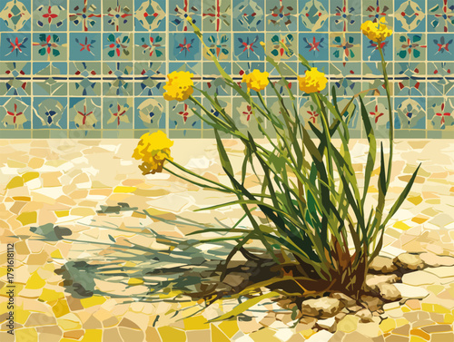 Eine Vektor-Illustration, die ein Büschel gelber Blumen vor einem Hintergrund aus blauen und gelben Mosaikfliesen zeigt, die eine ruhige Szene erzeugt.