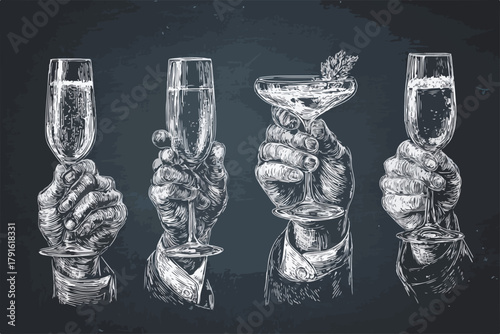 Illustration einer Hand die ein Glas Champagner oder Sekt vor dunklem Hintergrund hält Vektor-Grafik für Feierlichkeiten und Anlässe.