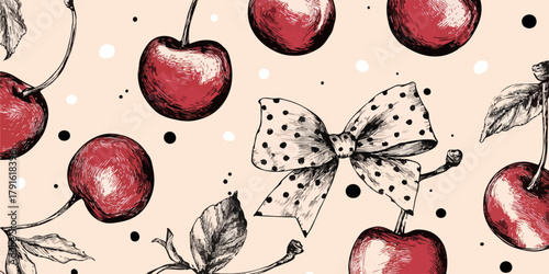 Ein handgezeichnetes Muster mit Kirschen und Schleife im Vintage-Stil auf beigem Hintergrund, ideal für Designzwecke.