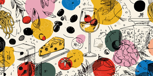 Eine farbenfrohe und stilvolle Vektorillustration, die verschiedene Lebensmittel und Getränke in einem lebendigen Design präsentiert.