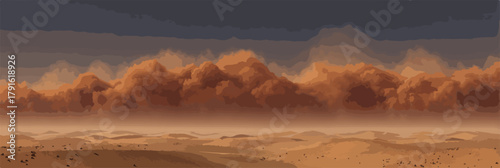 Eine dramatische Darstellung eines Sandsturms, der über eine trockene Wüstenlandschaft fegt, mit einem bewölkten Himmel im Hintergrund.