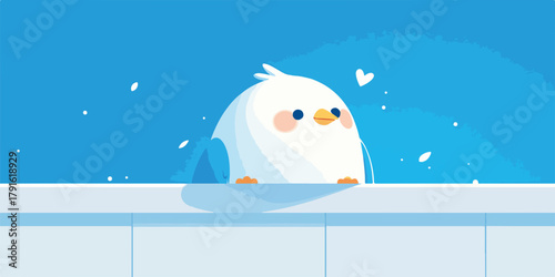 Ein entzückender, cartoonhafter Vogel mit blauen Federn und einem freundlichen Blick, der auf einer blauen Oberfläche sitzt.