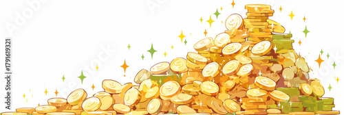 Ein großer Haufen goldener Münzen, der Reichtum und finanzielle Sicherheit darstellt, funkelt auf einem weißen Hintergrund.