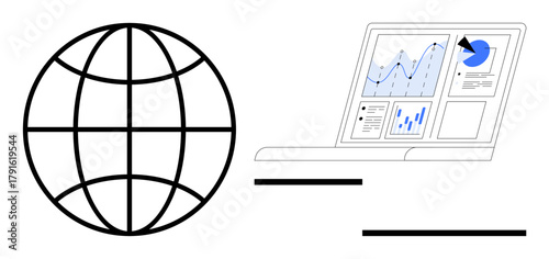 Globe beside a laptop displaying analytical graphs, charts, and statistics. Ideal for technology, network, big data, business analytics, digital marketing, online research global communication