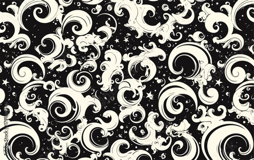 Abstrakte Vektor Muster mit Wirbeln und Sternen auf schwarzem Hintergrund