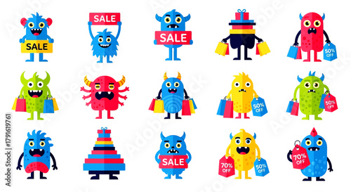 Shopping Monster Icons Set for Black Friday Vector Illustration