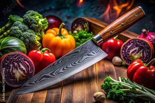Cinematic 8K Photo: Damascus Steel Gyuto Knife Slicing Vegetable in Professional Kitchen