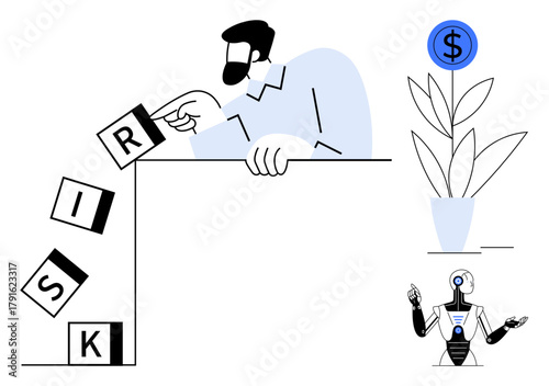 Person preventing falling RISK blocks, robot gesturing ideas, potted plant with dollar coin above. Ideal for finance, technology, risk management, growth, innovation, problem-solving