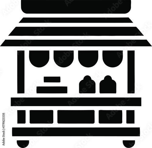 Market Stall Vector – Minimalist Black Silhouette of Vendor Cart with Bowls and Canopy for Street Food, Local Commerce, and Small Business Design Projects