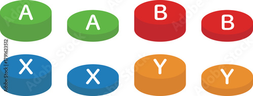 押す前と押した後のABXYボタンのベクターイラスト。円柱状のゲームのスイッチの背景透過素材セット