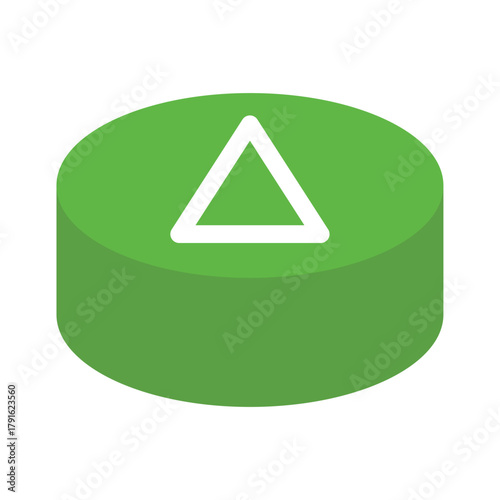 シンプルな緑の三角ボタンのベクターイラスト。円柱状のゲームのスイッチの背景透過素材