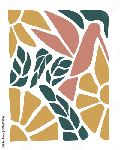 Minimalist artwork depicting a hummingbird, yellow flowers, and green leaves.