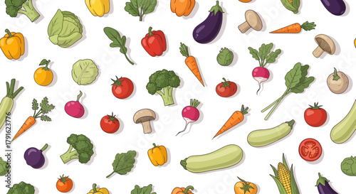 Seamless Pattern of Fresh Colorful Organic Vegetables Flat Design