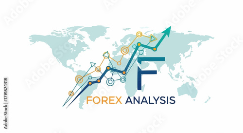 Forex Analysis Graph with Upward Trend and World Map Background.