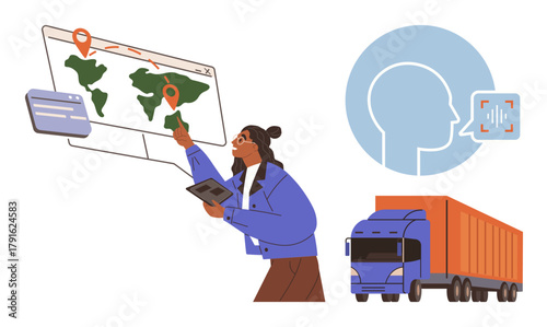 Woman monitors global freight routes on touch screen while holding digital tablet. Truck in transit and voice recognition symbolize modern logistics. Ideal for supply chain, transportation, freight