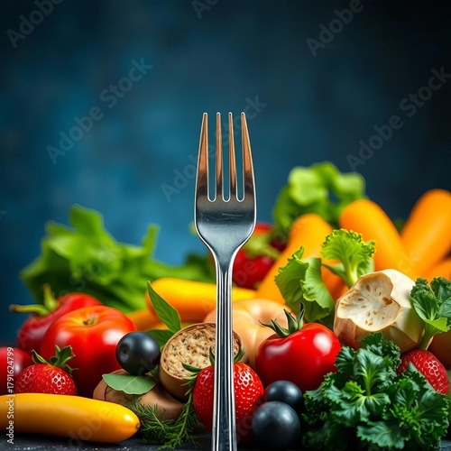 Fresh produce and fork signify a healthy diet for body wellness,  fork,  fresh produce
