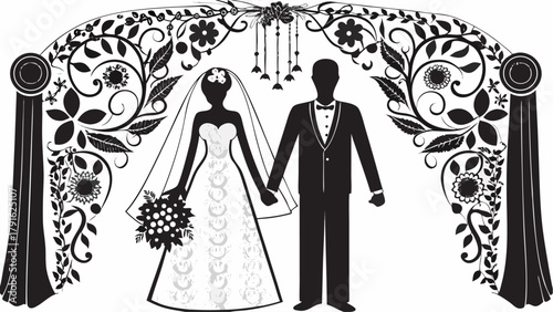 Elegant bride and groom holding hands beneath a decorative floral wedding arch celebrating union and love with classic style