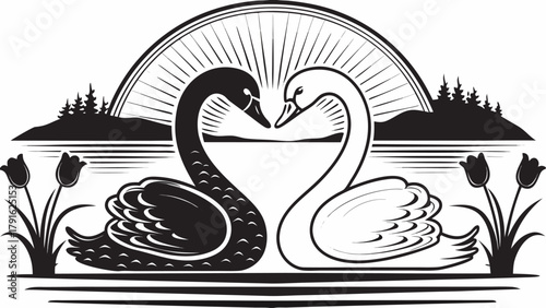 Fototapeta Naklejka Na Ścianę i Meble -  Elegant swans forming a heart shape in serene water with serene landscape and floral accents, symbolizing love and unity