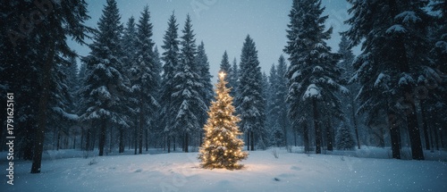 Solitary illuminated Christmas tree standing in a snowy forest at dusk, creating a peaceful and magical winter scene.