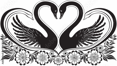 Elegant black swans form a heart shape surrounded by delicate floral elements, symbolizing love, romance, and eternal devotion for elegant designs