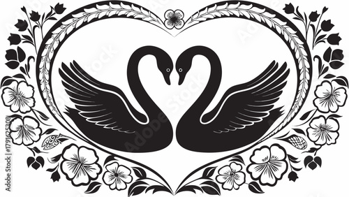 Elegant black swans form a heart shape within ornate floral frame symbolizing enduring love and romantic celebration