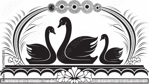 Elegant black swans gracefully framed by ornate decorative elements creating a timeless and majestic visual for sophisticated designs.