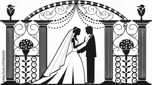 Elegant bride and groom embrace under ornate wedding arch celebrating love and commitment