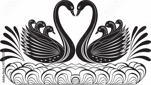 Elegant black swans form a heart shape symbolizing love and romance, surrounded by decorative water elements and stylized foliage