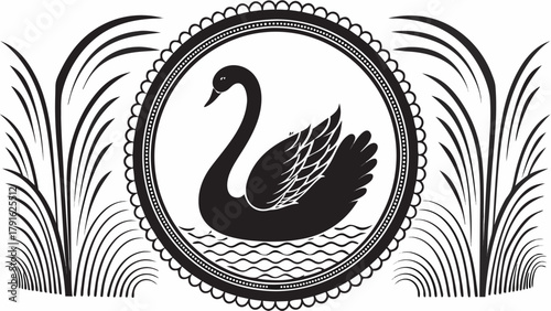 Elegant black swan gracefully floats on water within a decorative circular emblem surrounded by artistic reeds, creating a serene and sophisticated visual.