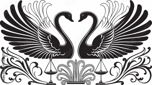 Elegant swan pair forming a heart shape with ornate flourishing decorative elements and scales of justice symbolizing love balance and harmony