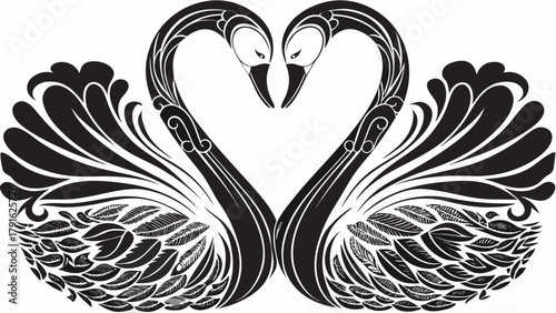 Elegant swans forming a heart shape with ornate feather details symbolizing love and unity in a stunning artistic design