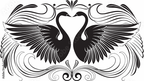 Elegant black swans forming a heart shape with ornate wings and decorative flourishes, symbolizing love and unity in a classic artistic design.