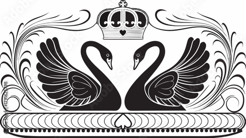Elegant royal swans adorned with a crown and ornate flourishes symbolizing love and prestige, perfect for luxury branding and invitations.