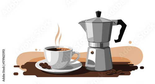 A steaming cup of coffee sits next to a silver moka pot on a brown surface.